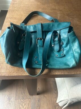 Italian Teal Leather Shoulder Tote Bag - Women